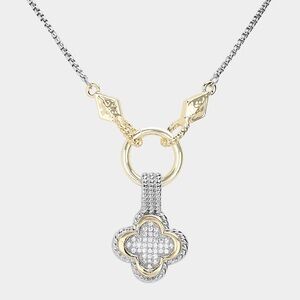 14K Gold Plated Two Tone CZ Stone Paved Quatrefoil Pendant Necklace